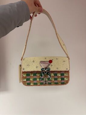 Anthropologie Beaded Cocktail Motif Shoulder Bag in Cream, Green & Pink